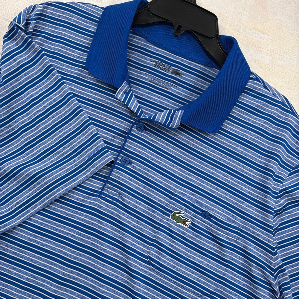 Lacoste Sport Polo Shirt US 4XL Striped Performance Pocket Blue Mens